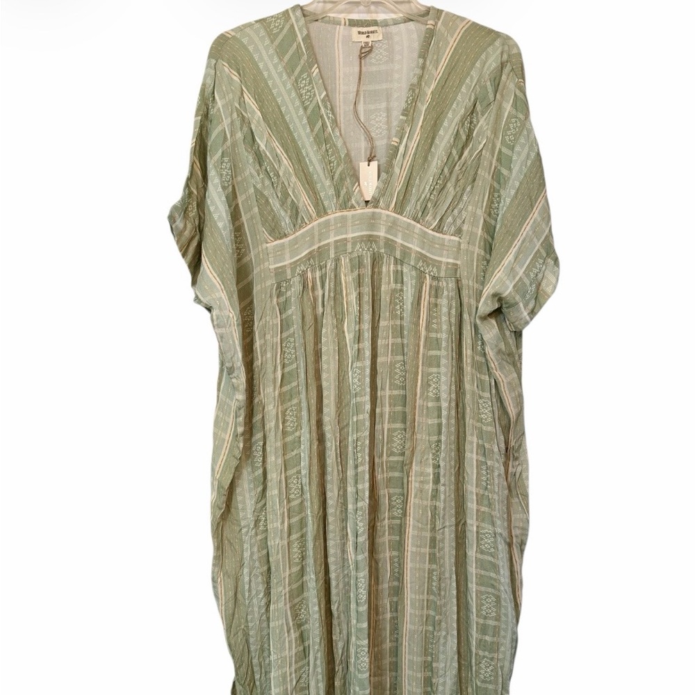 NWT World Market Womens Light Green V-Neck Striped Kaftan Dress Size Free Size